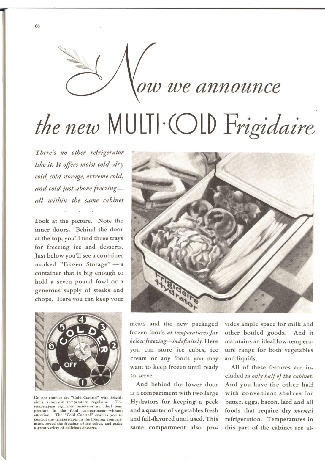 1930 Ad Frigidaire Hydrator Cold Food Container Vegetable