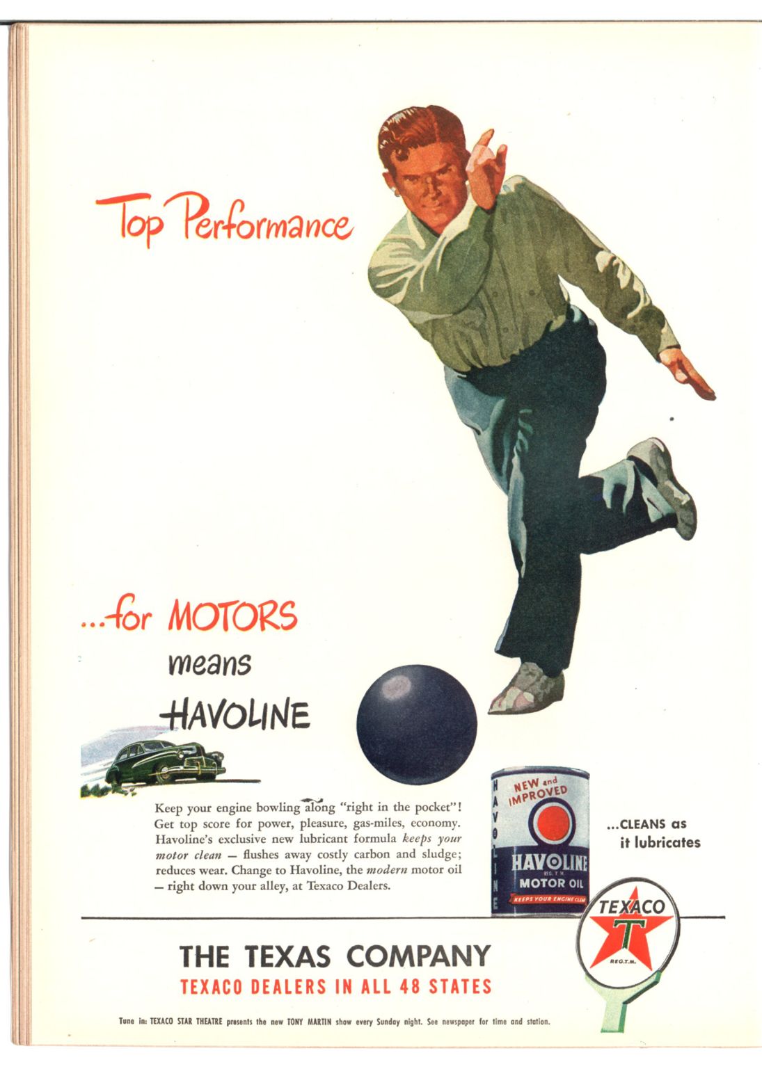 1947 magazine ad for Texaco Havoline - Top Performance, baseball